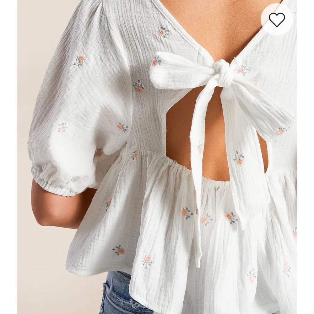 Hyfve Floral Embroidered Gauze Blouse Womens Medium White Tie Back Puff Sleeve